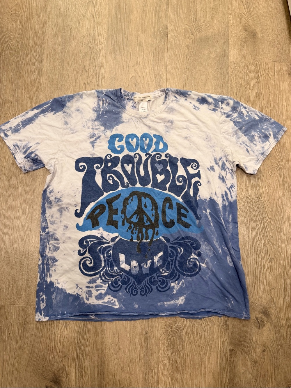 Urban Outfitters Tie-Dye "Good Trouble Peace Love" Graphic Tee - Blue & White